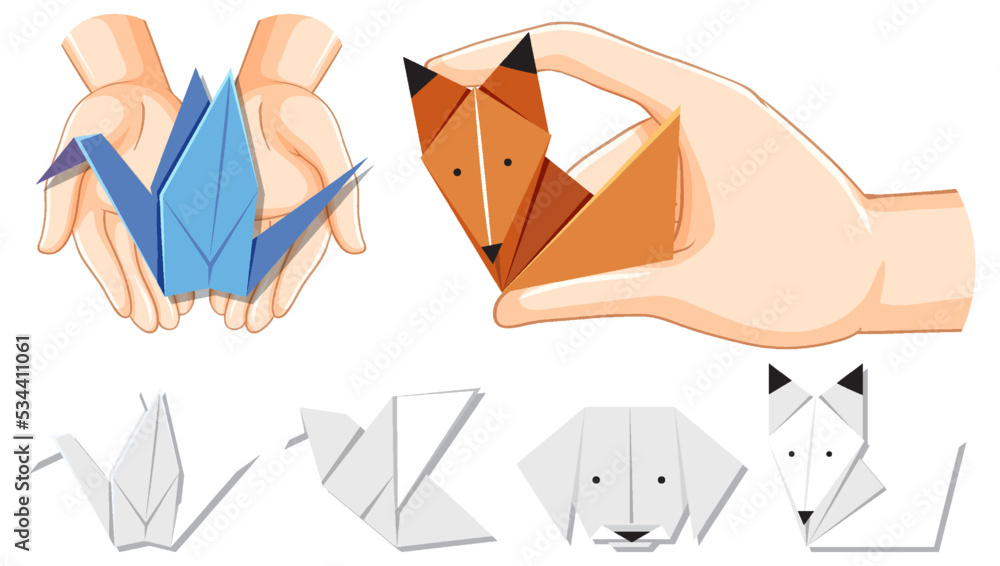 Origami animals on white background