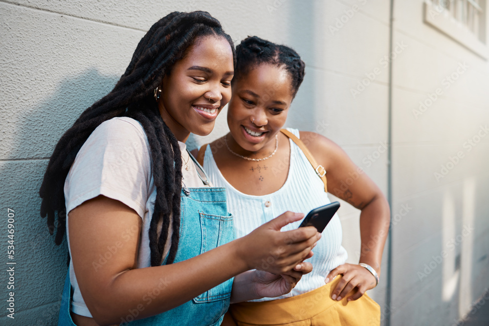 Black woman friends with smartphone for social media online check, notification post or reading blog