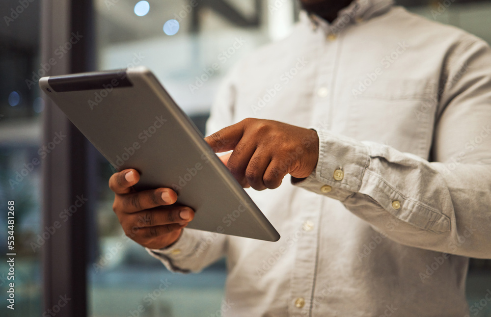 Night office, businessman hands and tablet planning in company for online ideas, strategy and app co