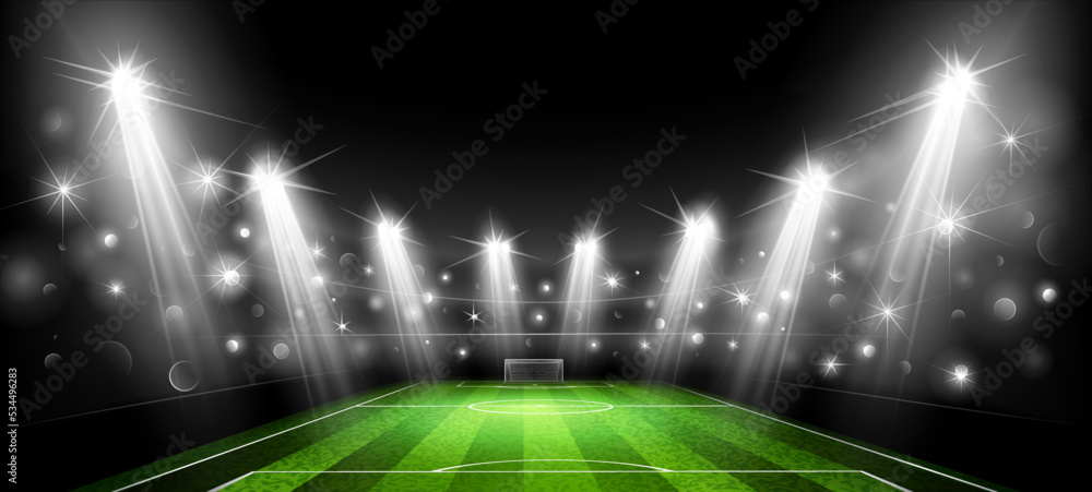 Realistic football arena with spotlights. Stadium with filled stands with sports soccer fans and bri