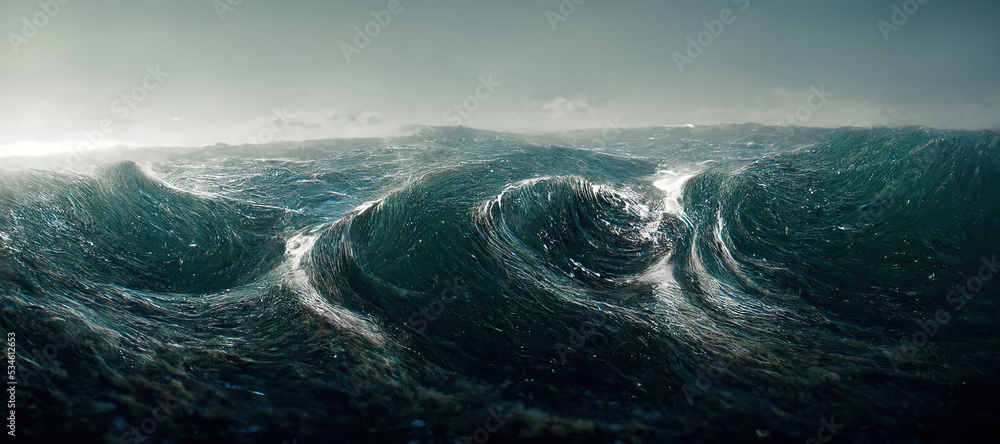 Spectacular abstract scene of an ocean tidal wave with a horizontal and clear sky in the background.