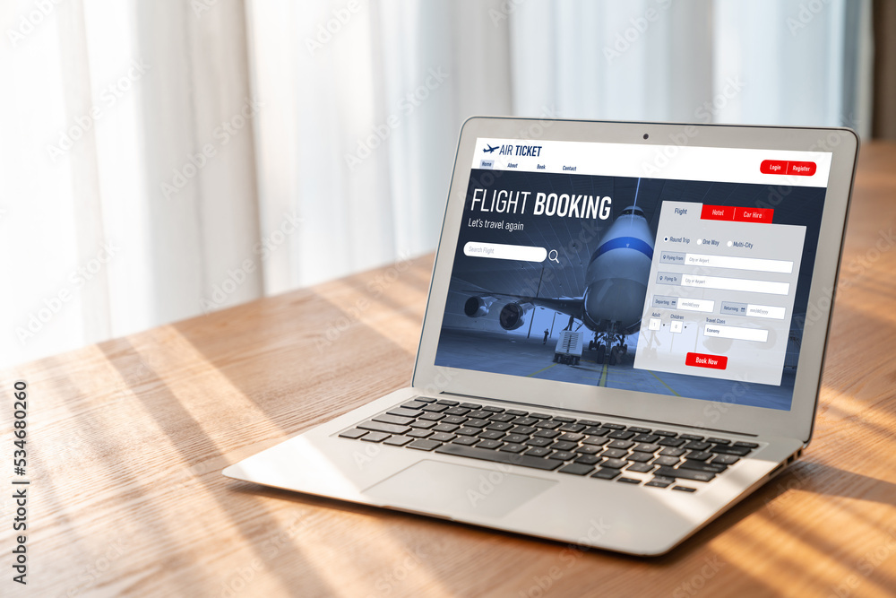 Online flight booking website provide modish reservation system . Travel technology concept .