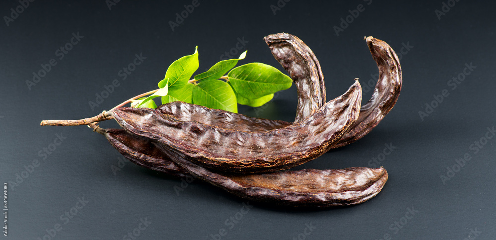 Carob. Healthy organic sweet carob pods with seeds and leaves close up. Healthy eating, food backgro