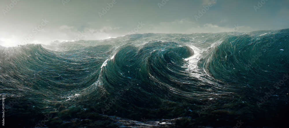 Spectacular abstract scene of an ocean tidal wave with a horizontal and clear sky in the background.