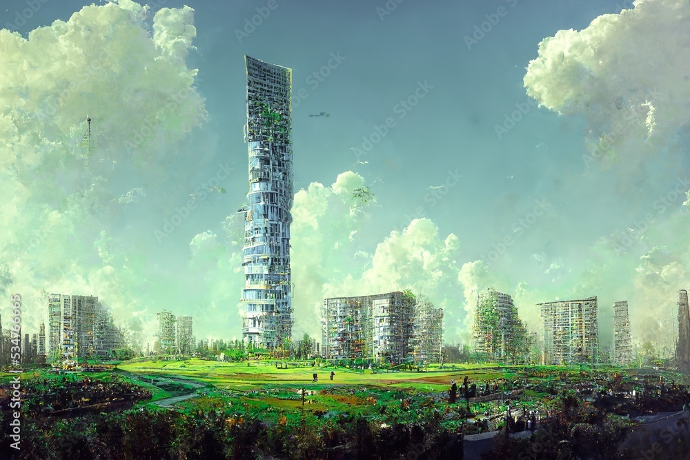 Spectacular eco futuristic cityscape abundant in vegetation features skyscrapers buildings and green