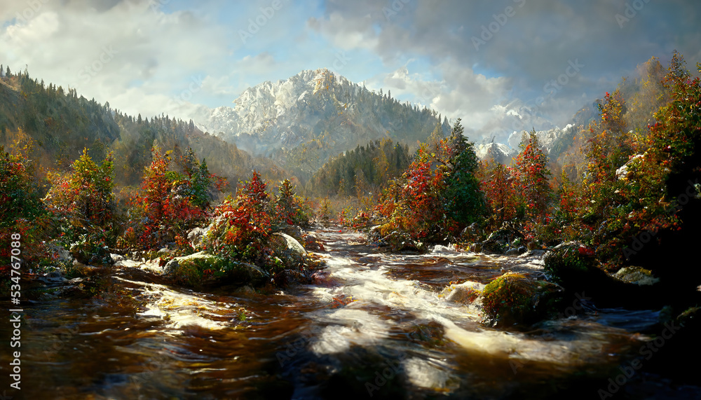 Spectacular autumnal forest panorama with a mountain range in the distance, bright orange leaves on 