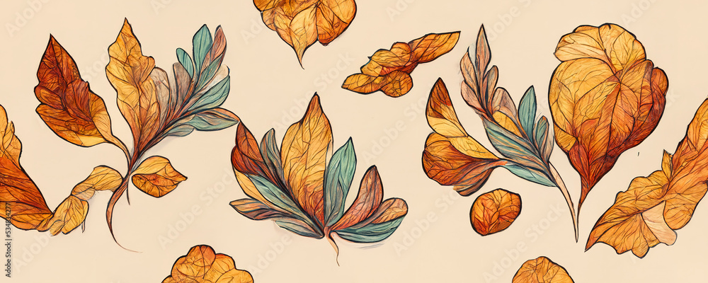 Autumnal digital art 3D illustration for diverse leaf shapes. Spectacular pale fall seasonal leaves 