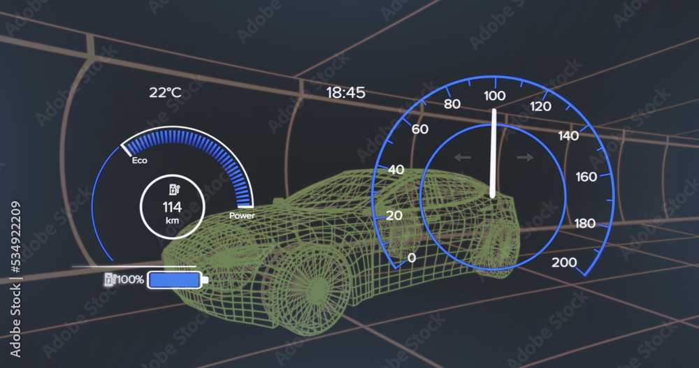 Image of 3d car model and speedometer over dark background