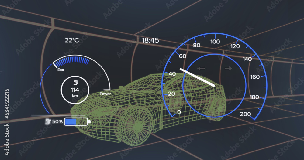 深色背景下的三维汽车模型和速度表图像
