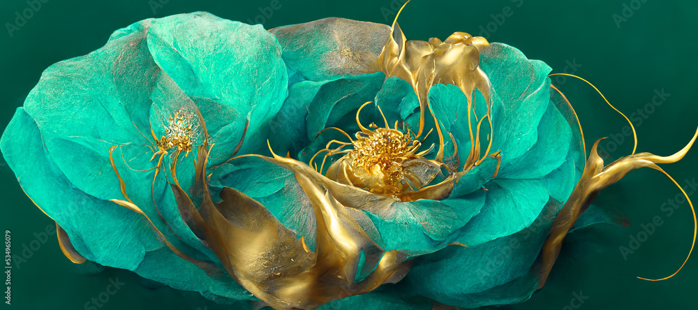 Spectacular modern abstract realistic flower on a background of teal color plant foliage. Translucen