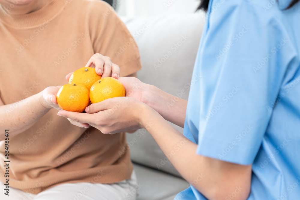 A young caregiver handing oranges to her contented senior patient at the living room. Senior care se