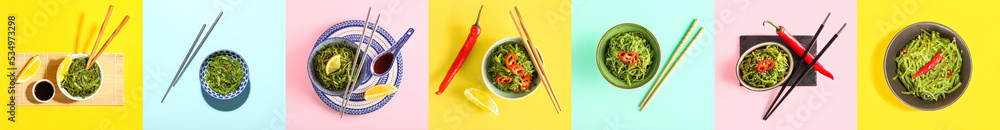 Collage of healthy seaweed salad on color background