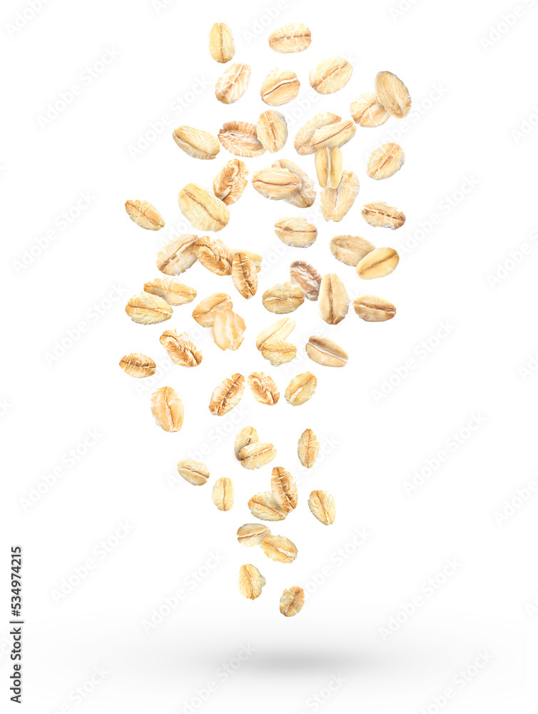 Flying raw oatmeal on white background