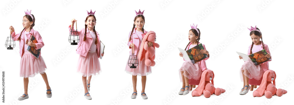 Set of cute little princess with book and toy on white background