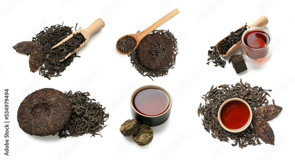 Set of tasty puer tea isolated on white