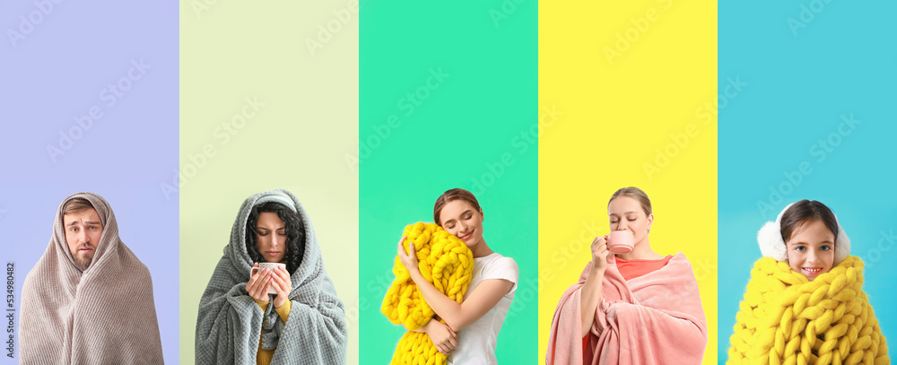 Group of different people with warm plaids on color background. Concept of heating season