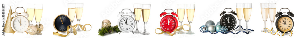 Set of clocks, champagne and Christmas decor on white background