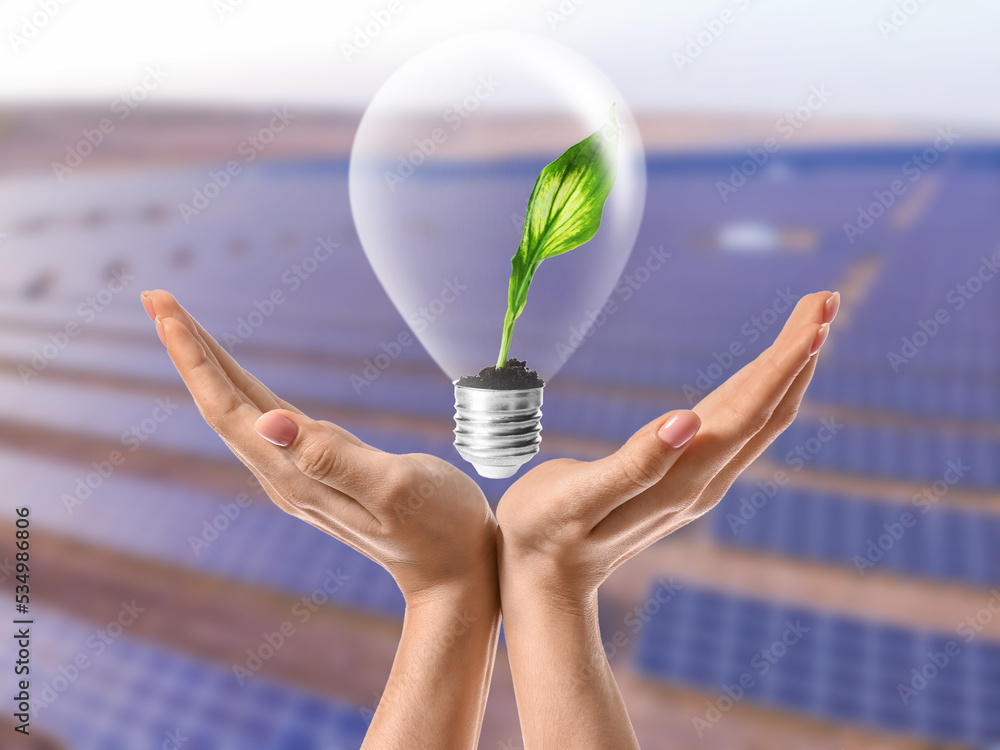 Hands with light bulb against blurred solar power plant