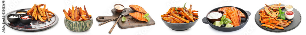 Collection of tasty prepared sweet potatoes with spices and sauces on white background