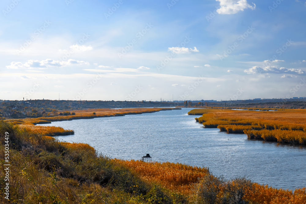 Beautiful aerial view of river with reeds on sunny autumn day