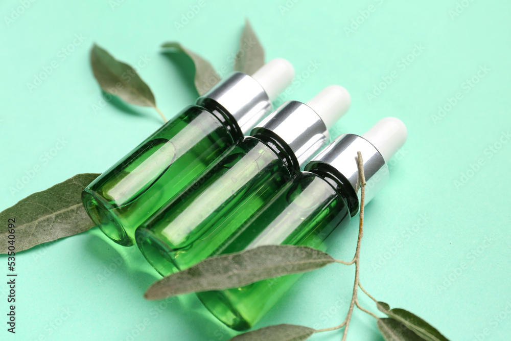 Bottles of essential olive oil and plant leaves on color background, closeup