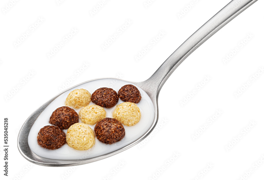 Corn balls mix with milk isolated on white background