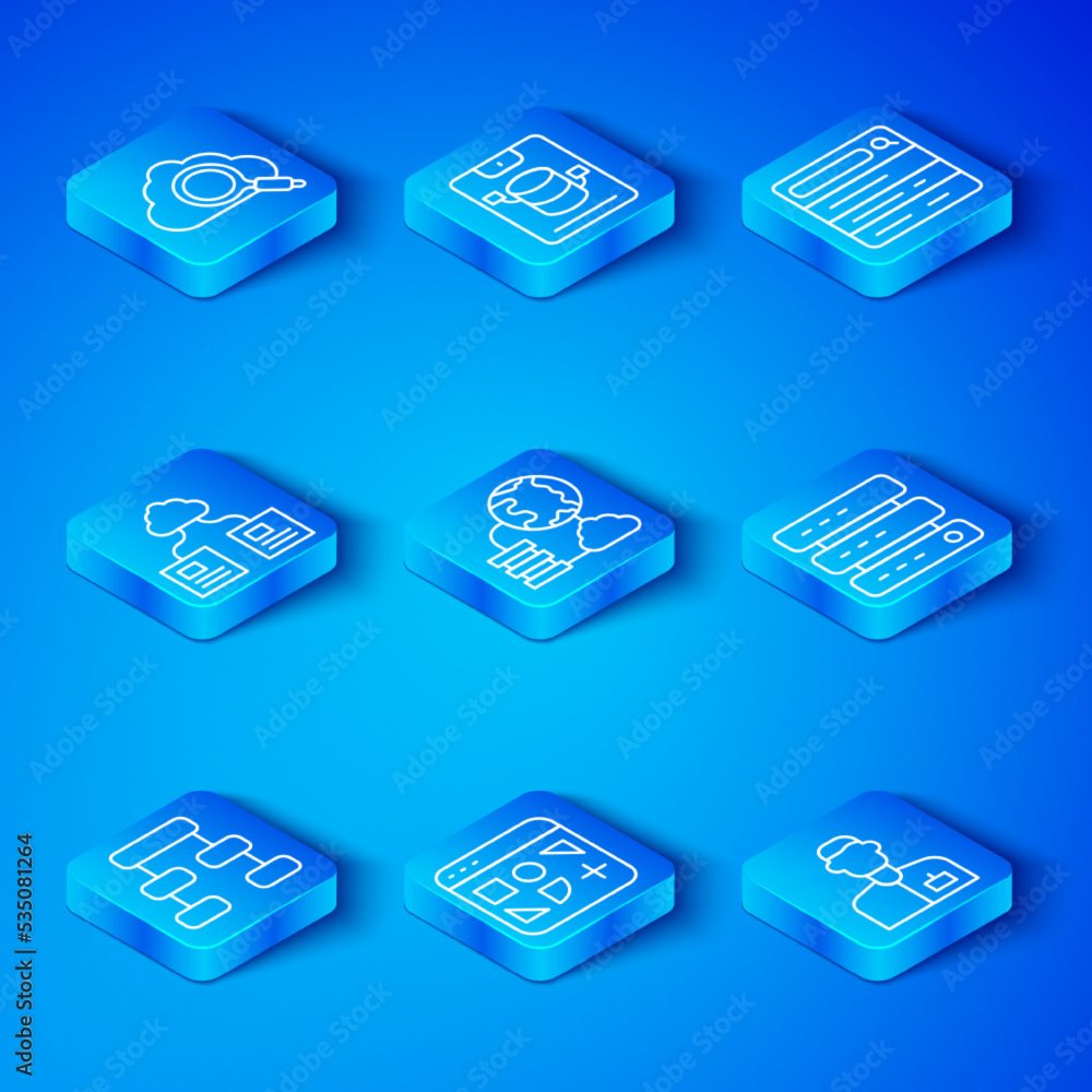 Set line Hierarchy organogram chart, Network cloud connection, Different files, Server, Data, Web Ho