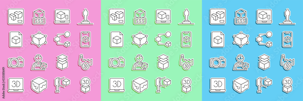 Set line Isometric cube，Printing house industry，3D打印机软件，文件和图标。Vector