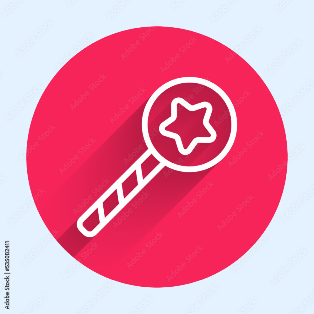 White line Magic wand icon isolated with long shadow. Star shape magic accessory. Magical power. Red