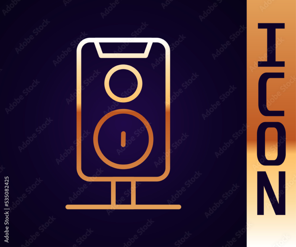 Gold line Stereo speaker icon isolated on black background. Sound system speakers. Music icon. Music