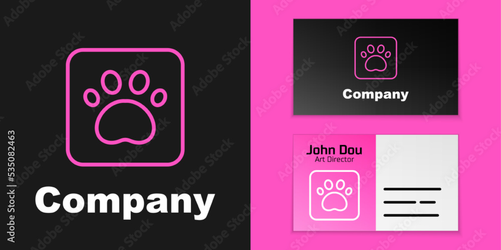 Pink line Paw print icon isolated on black background. Dog or cat paw print. Animal track. Logo desi