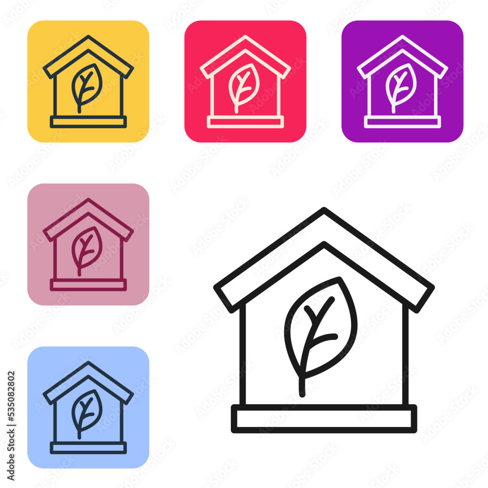 Black line Eco friendly house icon isolated on white background. Eco house with leaf. Set icons in c