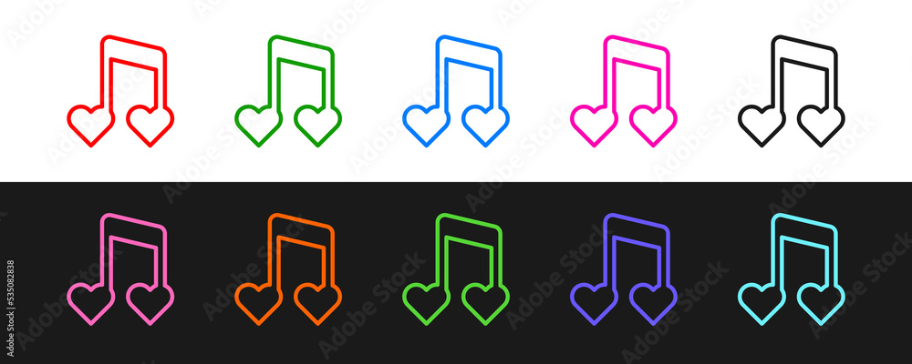 Set line Music note, tone with hearts icon isolated on black and white background. Happy Valentines 