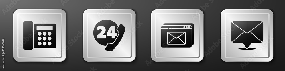 Set Telephone, Telephone 24 hours support, Website and envelope and Envelope icon. Silver square but