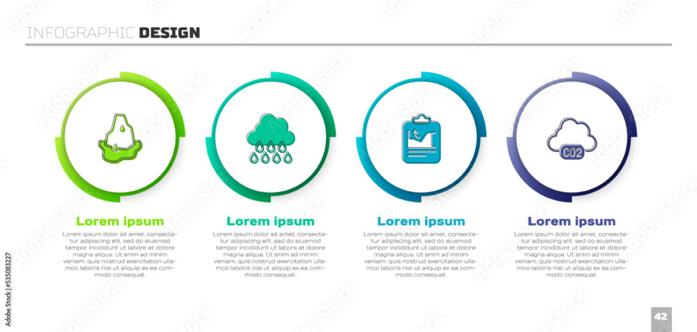 设置冰川融化、云与雨、全球变暖和二氧化碳排放云。商业信息图t