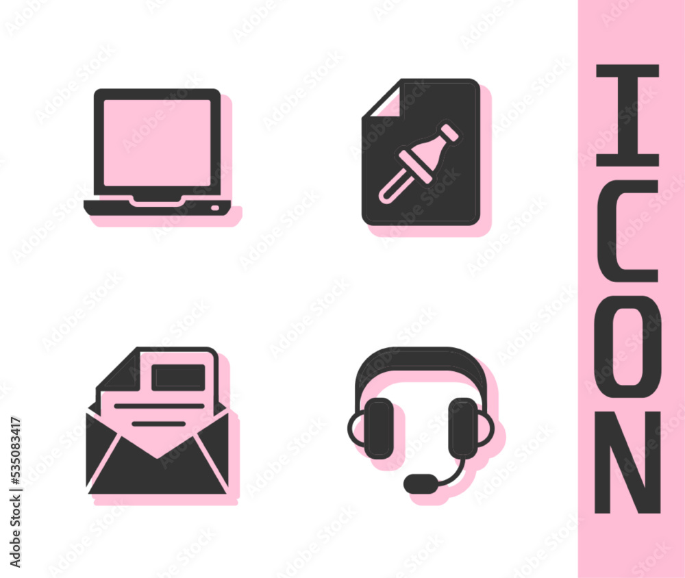 Set Headphones, Laptop, Mail and e-mail and Note paper with push button icon. Vector