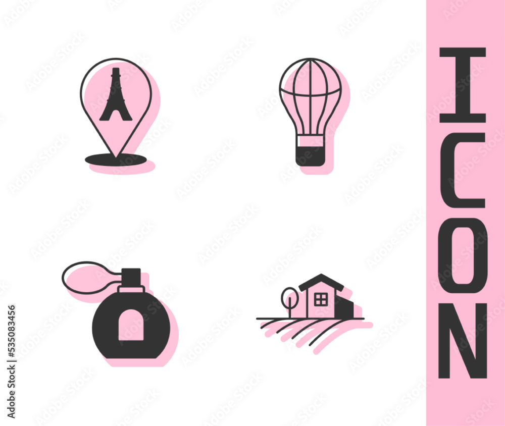 Set Village landscape, Eiffel tower, Perfume and Hot air balloon icon. Vector