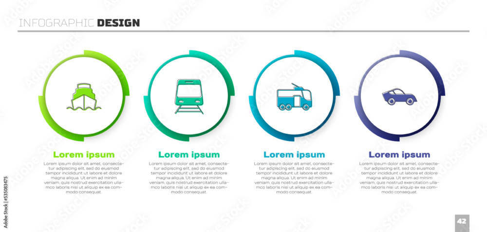 设置游轮、火车和铁路、电车和汽车。商业信息图模板。矢量