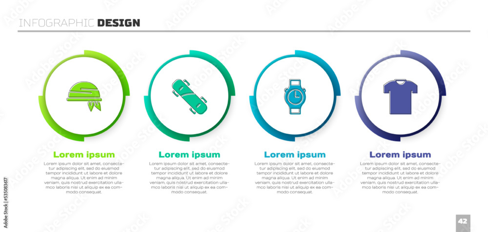套装Bandana、滑板、手表和T恤。商业信息图模板。Vector