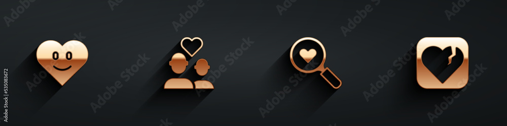 Set Heart, Lover couple, Search heart and love and Broken or divorce icon with long shadow. Vector