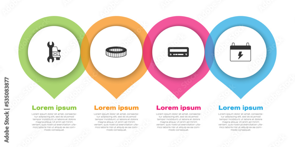 设置汽车服务、空气滤清器、音频和电池。商业信息图模板。Vector
