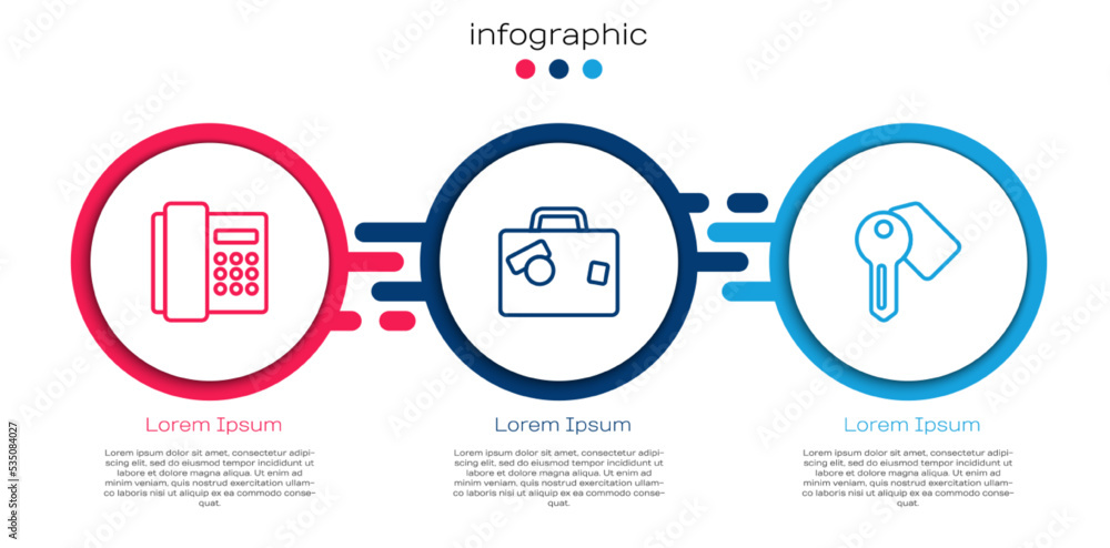 电话听筒、手提箱和酒店门锁钥匙。商业信息图模板。矢量