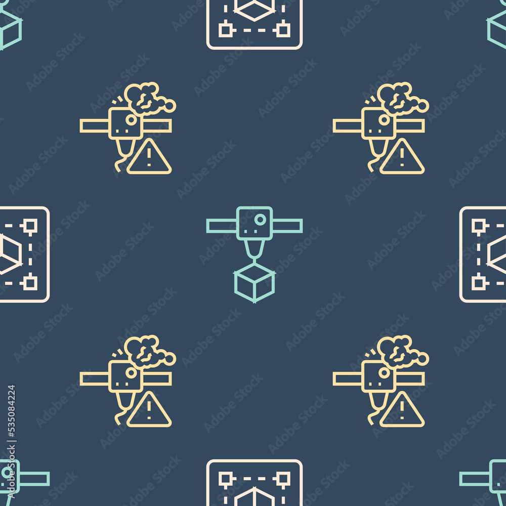在无缝图案上设置线条几何图形立方体、3D打印机警告和立方体。矢量