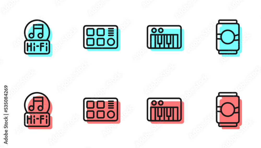 Set line Music synthesizer, note, tone, Drum machine and Beer can icon. Vector