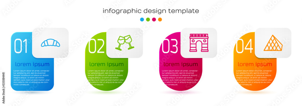 羊角面包、酒杯、凯旋门和卢浮宫金字塔。商业信息图模板。Ve
