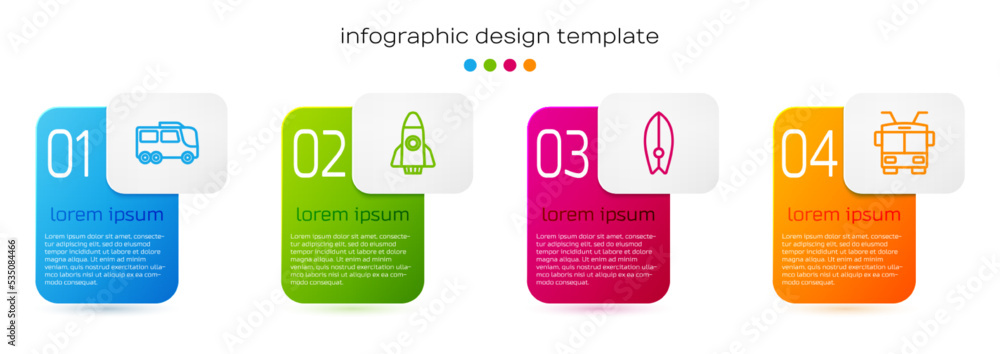 Set line Bus, Rocket ship, Surfboard and Trolleybus. Business infographic template. Vector