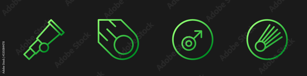 Set line Mars symbol, Telescope, Comet and . Gradient color icons. Vector