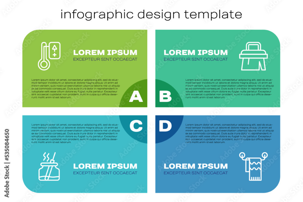 设置线芳香扩散器、桑拿温度计、衣架和刷子上的毛巾。商业信息图模板