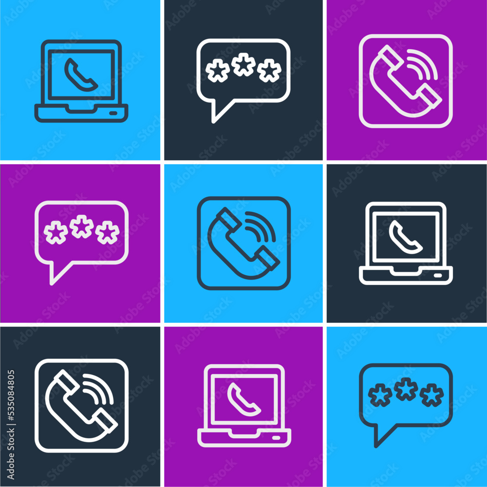 Set line Telephone 24 hours support, handset and Speech bubble chat icon. Vector