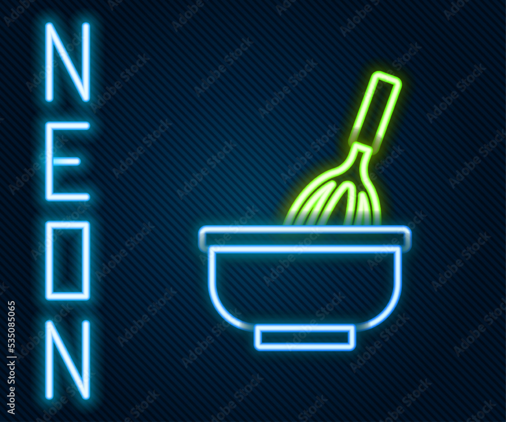 Glowing neon line Kitchen whisk with bowl icon isolated on black background. Cooking utensil, egg be